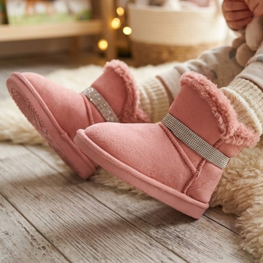 Bebe Girls Pink Faux Suede Winter Boots Rhinestone Faux Fur Lined NWOB Size 4